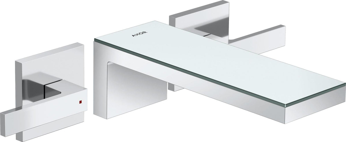 AXOR MYEDITION 3-Loch-Waschtischmischer mit Platte aus Sicherheitsglas und Push-Open Ablaufgarnitur, chrom / Spiegelglas