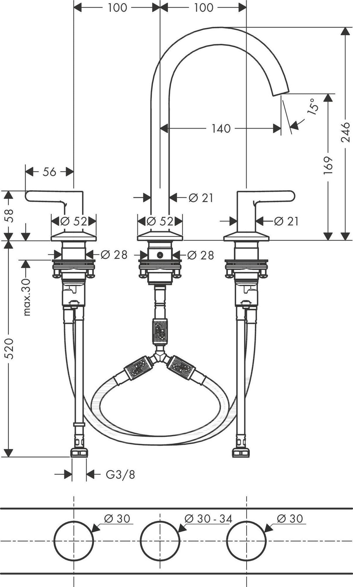 AXOR ONE 3-Loch-Waschtischarmatur 170 mit Push-Open Ablaufgarnitur Chrom