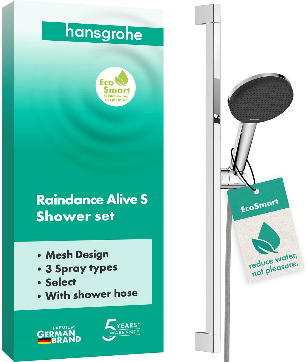 HANSGROHE Raindance Alive Select S 125 Brauseset mit 3 Strahlarten, EcoSmart, Unica 650 mm, Schwarz