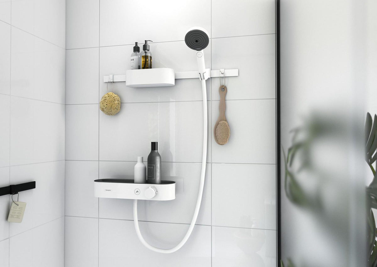 HANSGROHE WallStoris 105 Duschsystem Set mattschwarz mit Thermostat und Handbrause