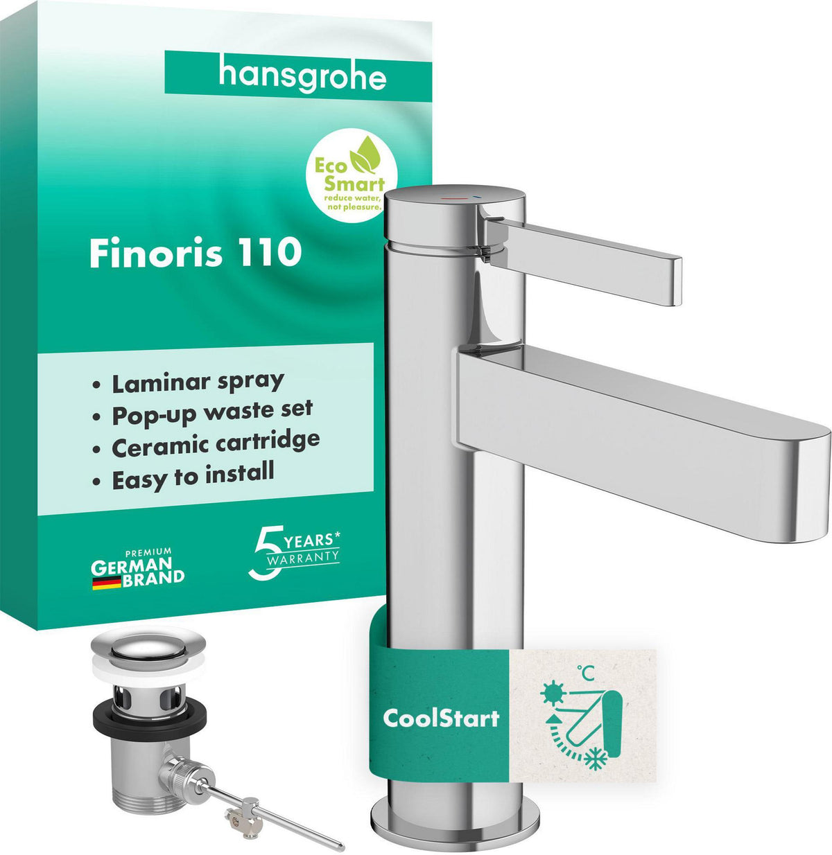 Hansgrohe Finoris Waschtischmischer 110 CoolStart mit Zugstangen-Ablaufgarnitur, Chrom