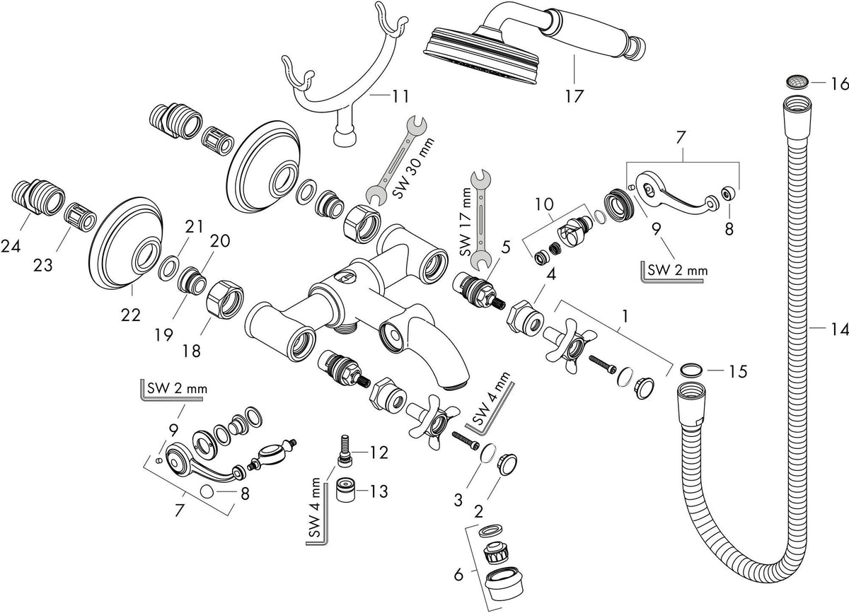 AXOR MONTREUX 2-Griff-Wannenarmatur DN 15, Aufputz, chrom – mit Handbrause & Brausehalter