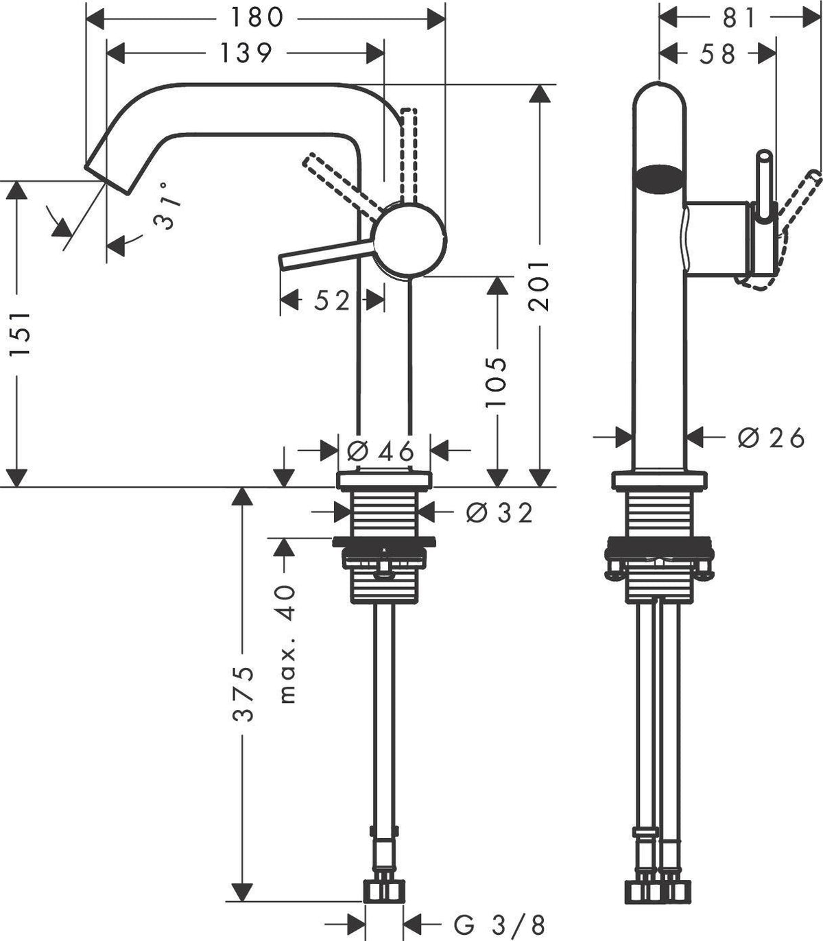 HANSGROHE Tecturis S Einhebel-Waschtischmischer mit CoolStart, 139 mm Ausladung, chrom