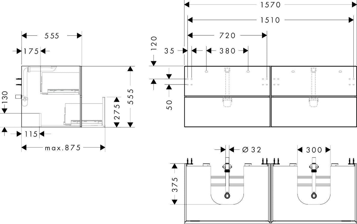HANSGROHE Waschtischunterschrank Xevolos E 1570 mm mattweiß/eiche dunkel mit PushOpen und SoftClose
