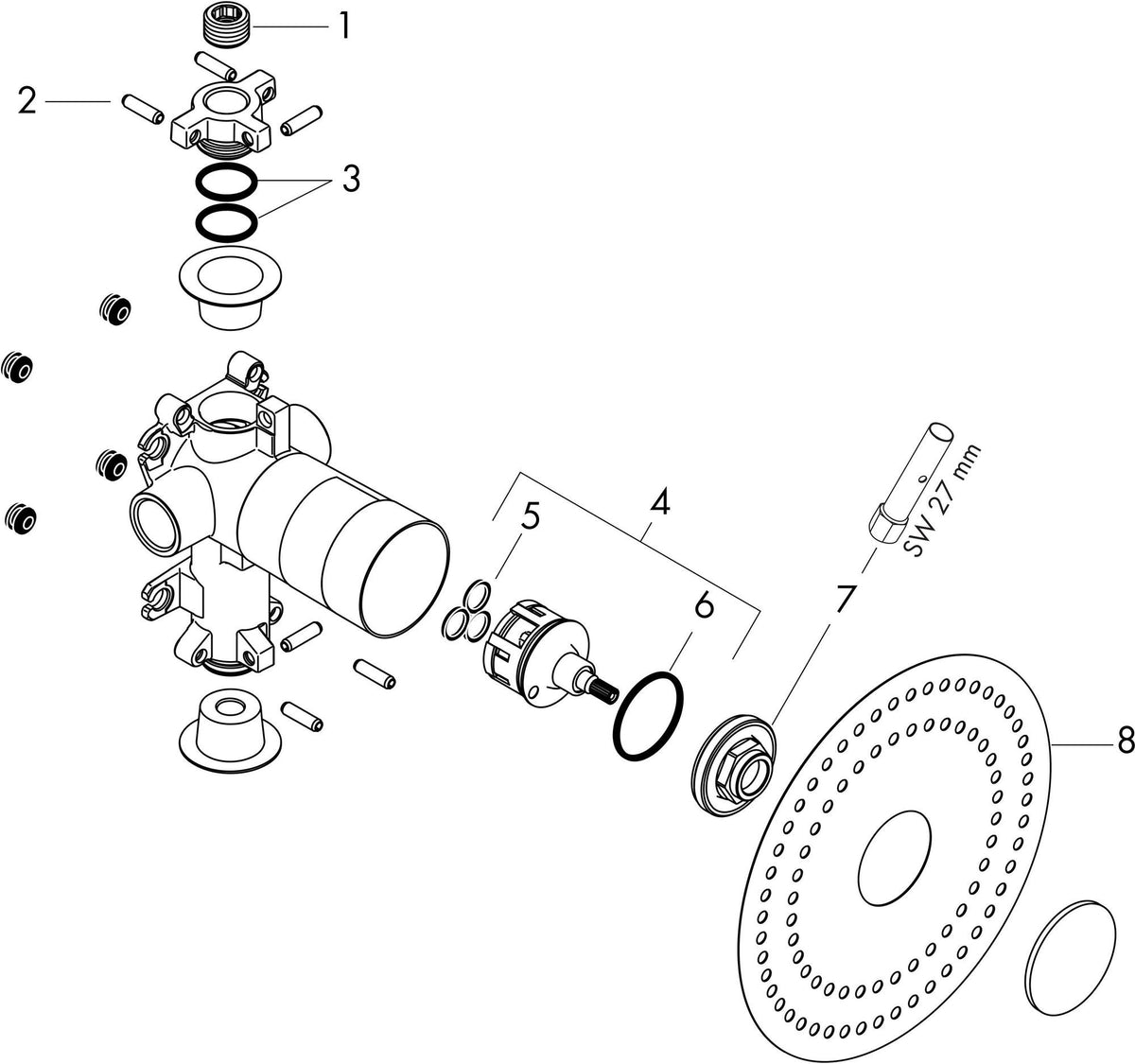 AXOR Citterio E Grundkörper DN20 für Ab-/Umstellventil – 2 Verbraucher, thermostatisch
