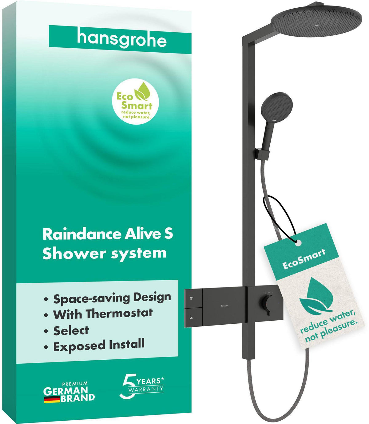 HANSGROHE Raindance Alive S 300 1jet EcoSmart Duschsystem mit Thermostat ShowerSelect Comfort – Schwarz