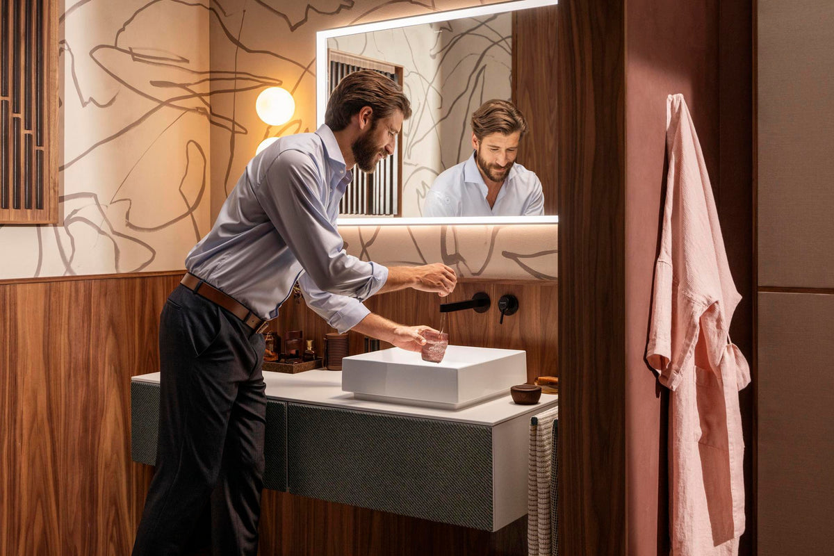 HANSGROHE Xevolos E Waschtischunterschrank 1370 mm – Grifflos, SoftClose, 2 Schubkästen, Sandbeige