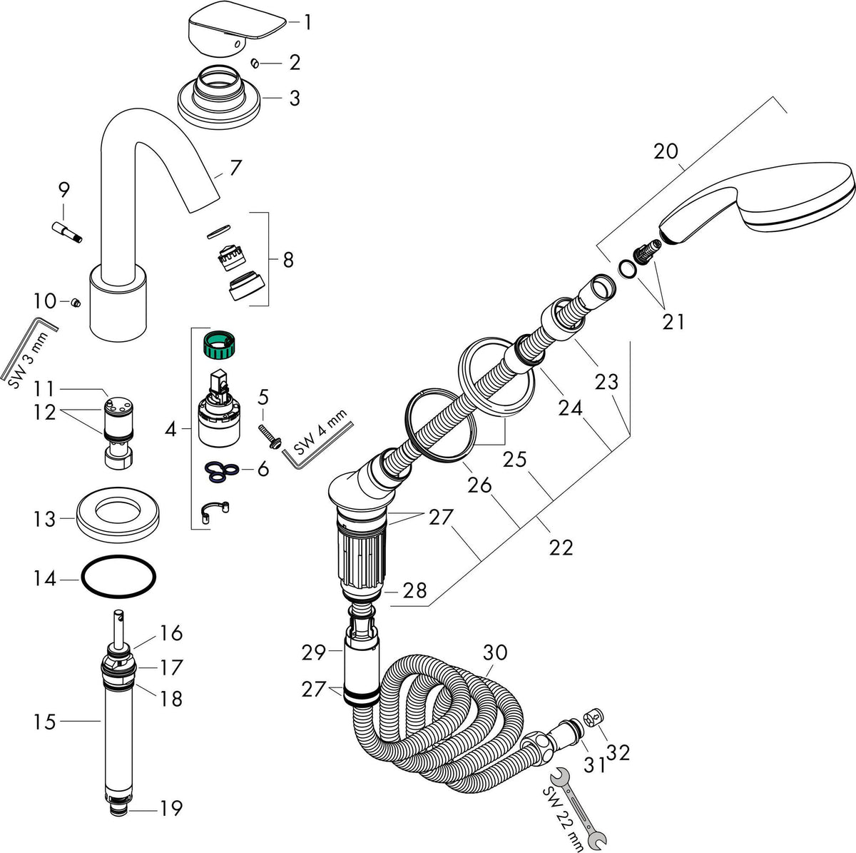 HANSGROHE Logis 3-Loch Einhebel-Wannenrandmischer DN 15 Chrom mit Handbrause