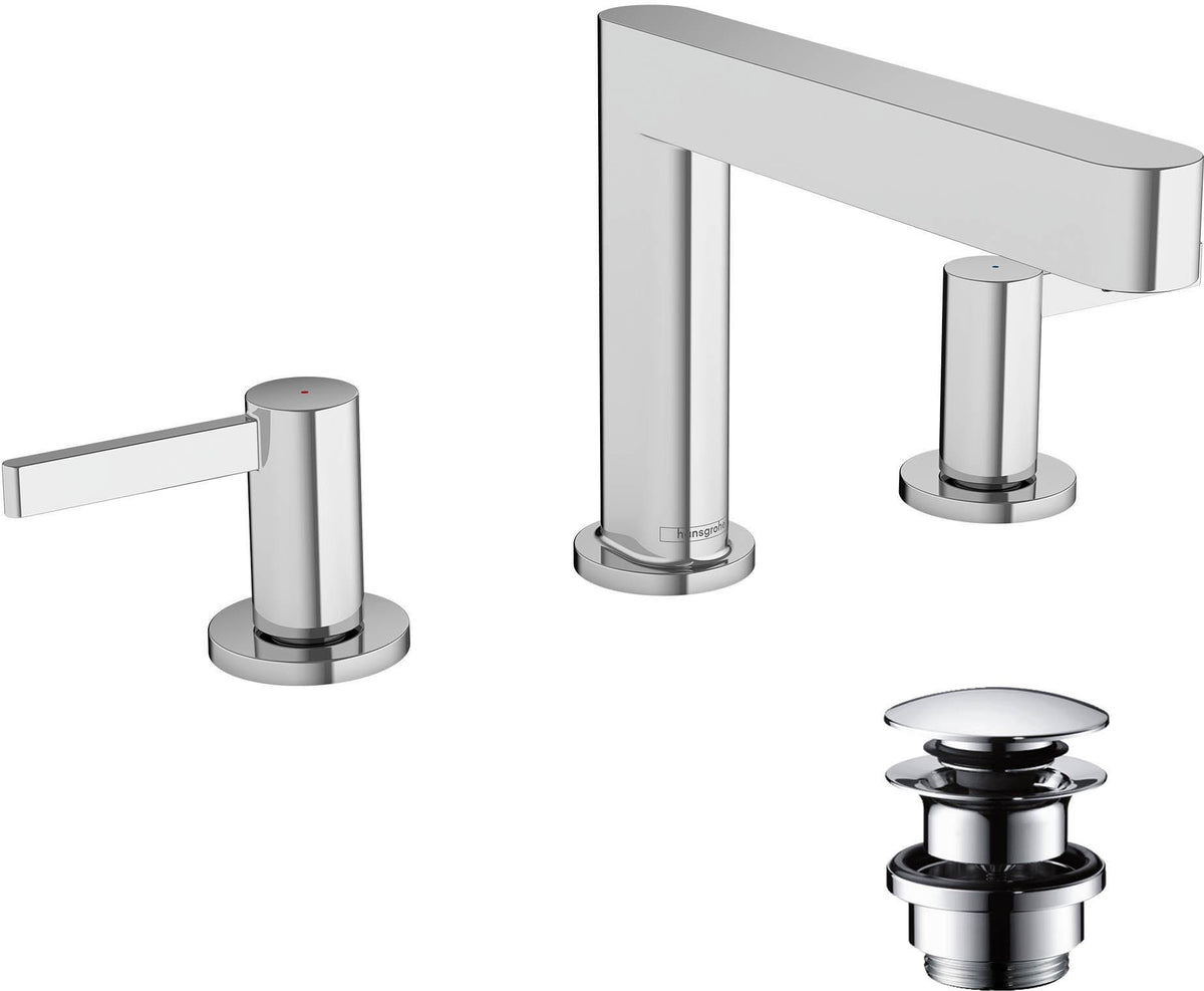 HANSGROHE Finoris 110 3-Loch-Waschtischarmatur mit Push-Open Ablaufgarnitur, Chrom