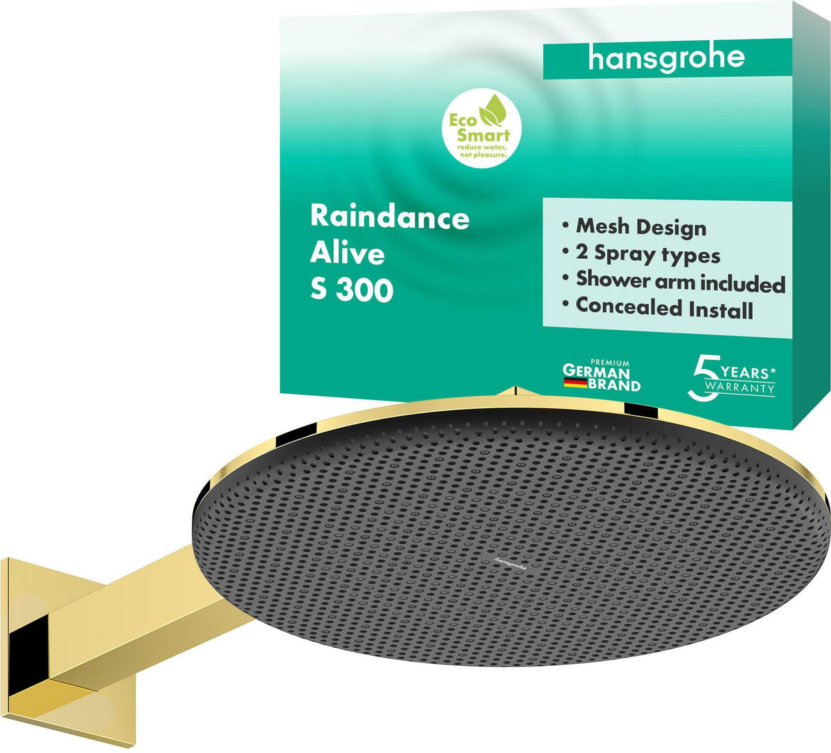 Hansgrohe Raindance Alive S 300 2jet EcoSmart Kopfbrause mit Brausearm – 300 mm, schwarz