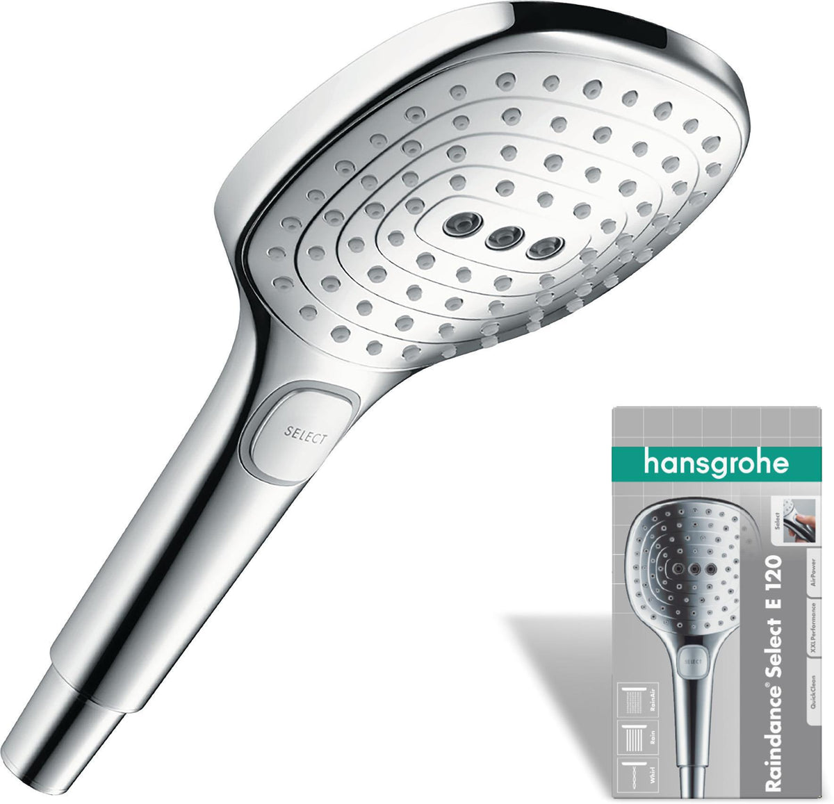 HANSGROHE Raindance Select E 120 3jet Handbrause mit Select-Taste und QuickClean in Chrom