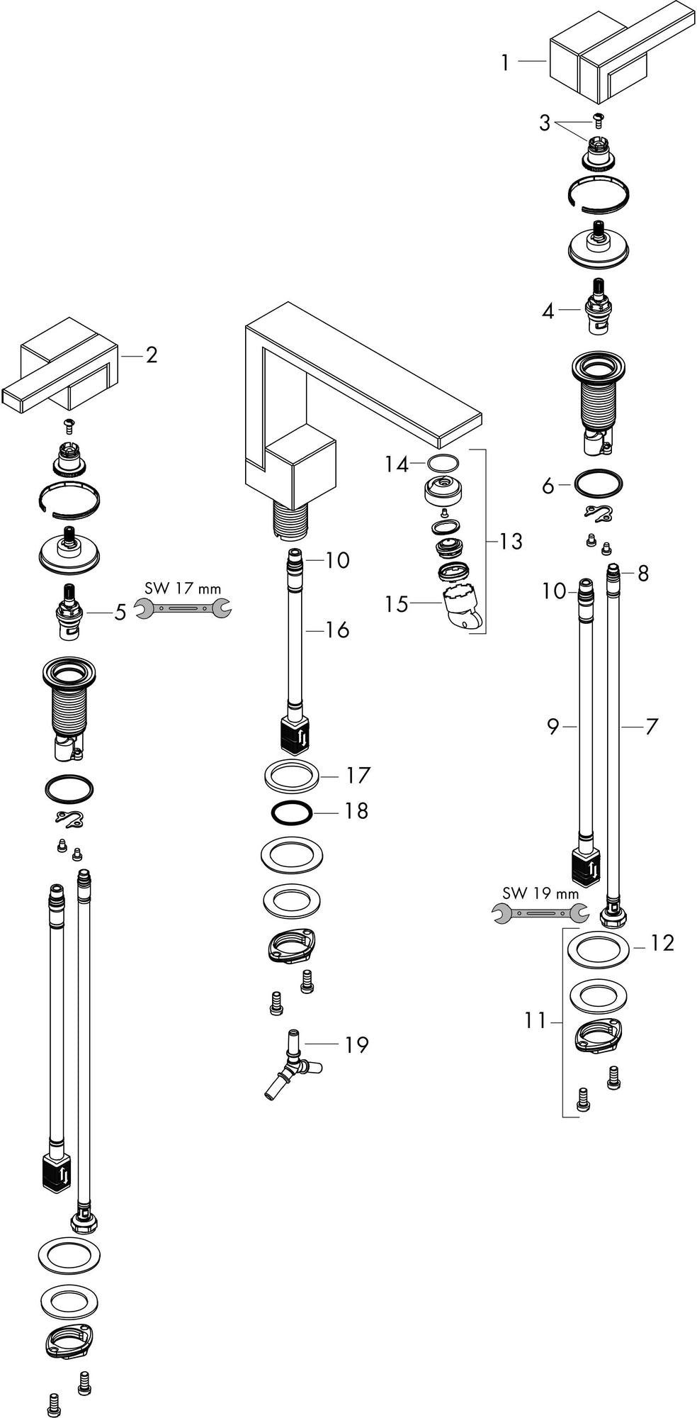 AXOR Edge 3-Loch Waschtischarmatur Diamantschliff Chrom – 130 ComfortZone, Push-Open