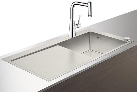 HANSGROHE Spülencombi SELECT 450 mit Abtropffläche – Edelstahl-Optik, 2-Loch Küchenmischer