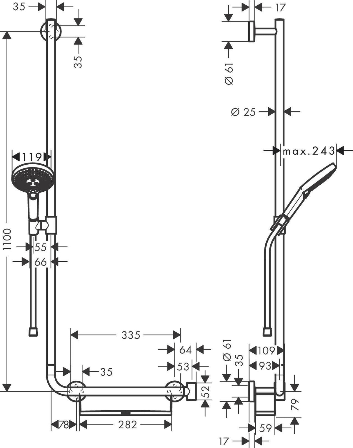 Hansgrohe Raindance Select S 120 Brauseset mit 1100 mm Stange, 3 Strahlarten und Ablage – Chrom