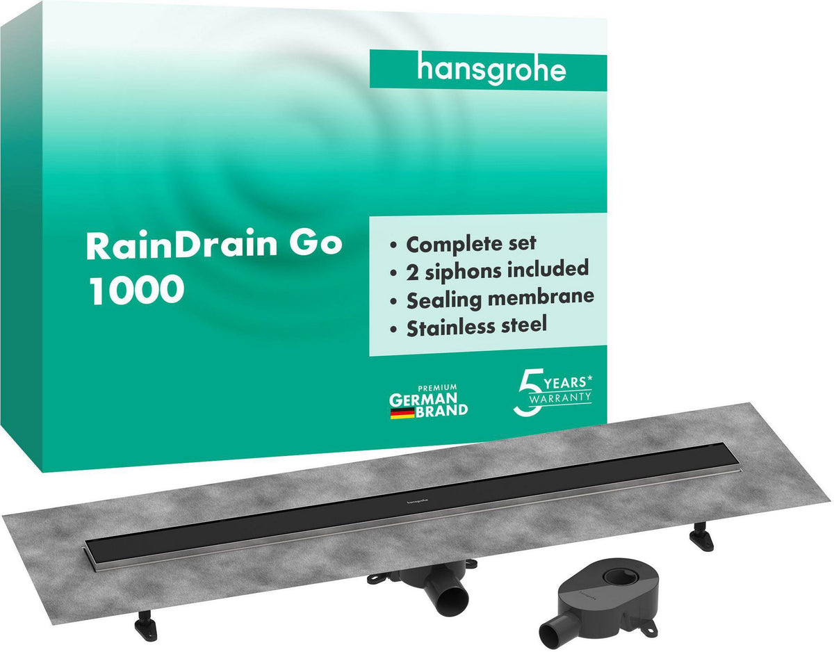 Hansgrohe RainDrain Go Komplettset Duschrinne 1000 mm rückseitig befliesbar für Standard- und flache Installation, matt schwarz