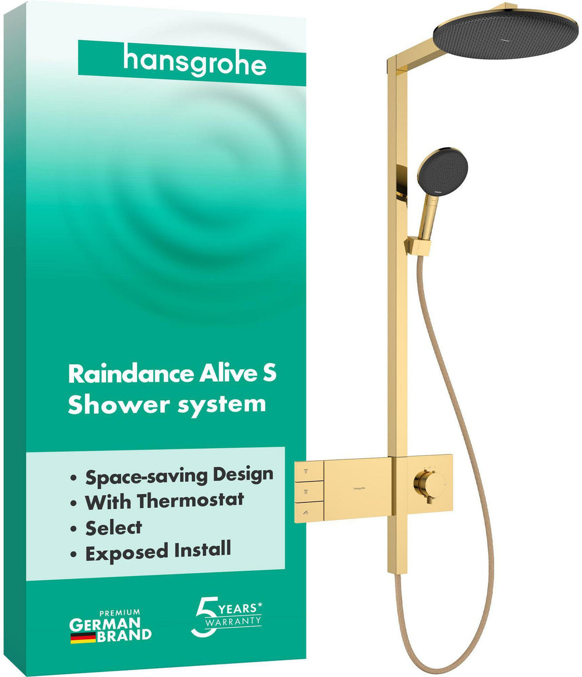 HANSGROHE Raindance Alive S 300 2jet Duschsystem mit Thermostat – Schwarz, 300 mm Kopfbrause