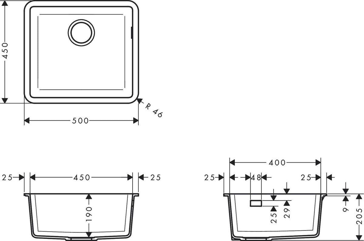 HANSGROHE Unterbauspüle S51 450 S510-U450 GS – SilicaTec, graphitschwarz, 1 Becken