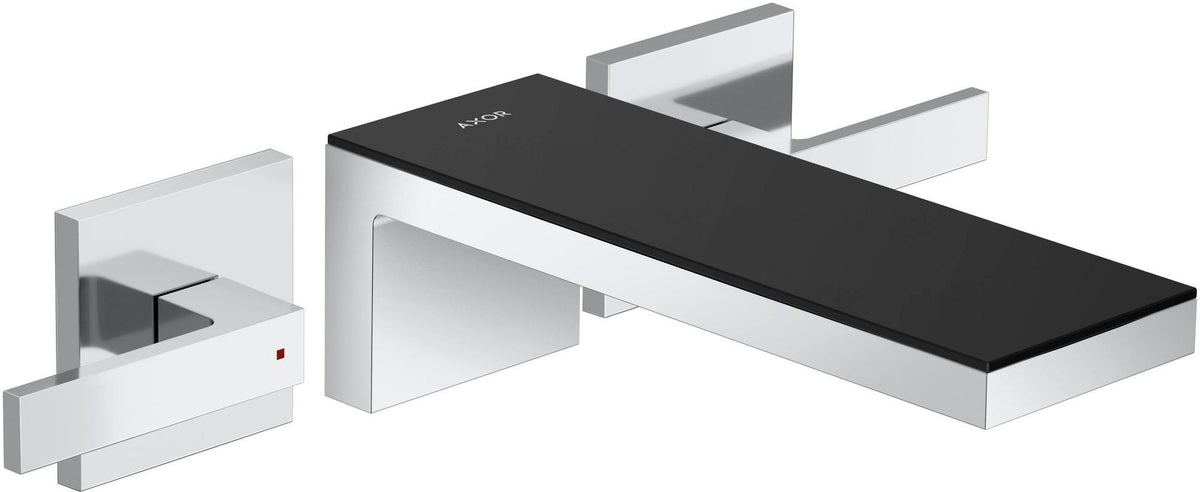 AXOR MYEDITION 3-Loch-Waschtischmischer mit Platte aus Sicherheitsglas und Push-Open Ablaufgarnitur, chrom / Spiegelglas