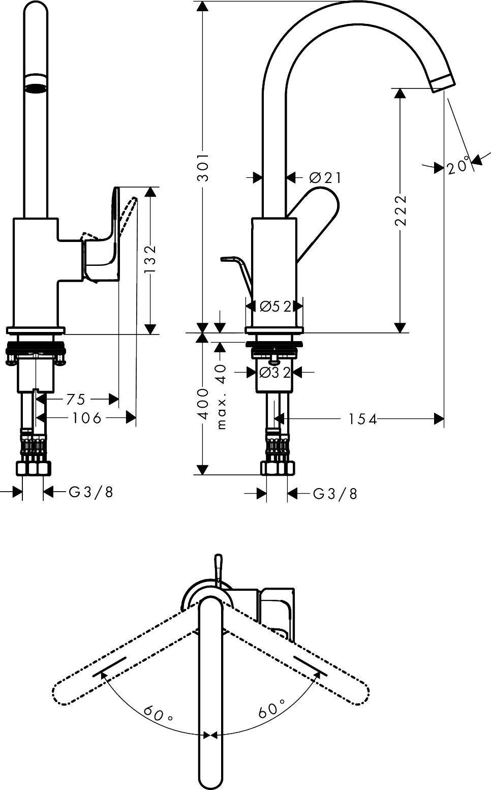 Hansgrohe Rebris S 210 Einhebel-Waschtischmischer mit Schwenkkopf und Zugstangen-Ablaufgarnitur, Chrom