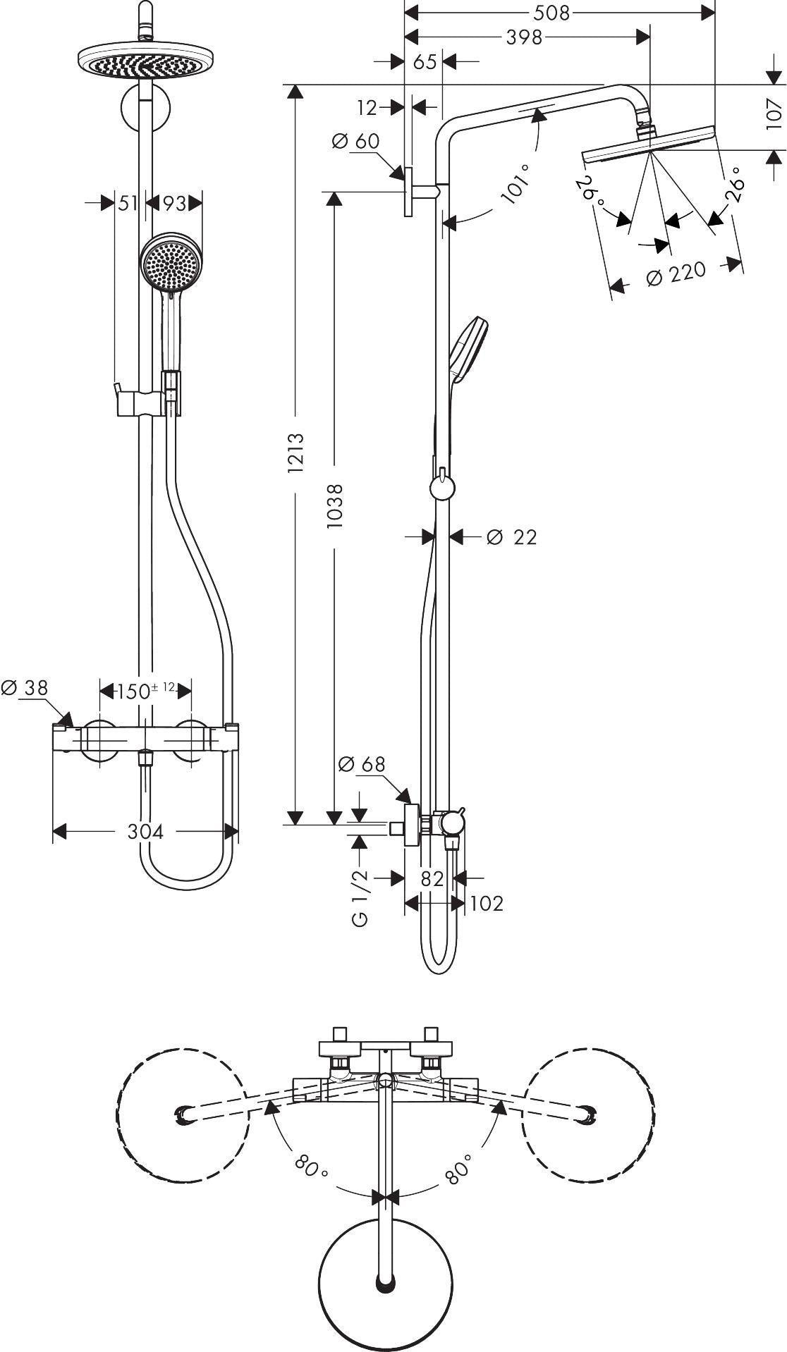 HANSGROHE Showerpipe Croma 220 Air mit Thermostat Ecostat Comfort – Chrom, DN 15