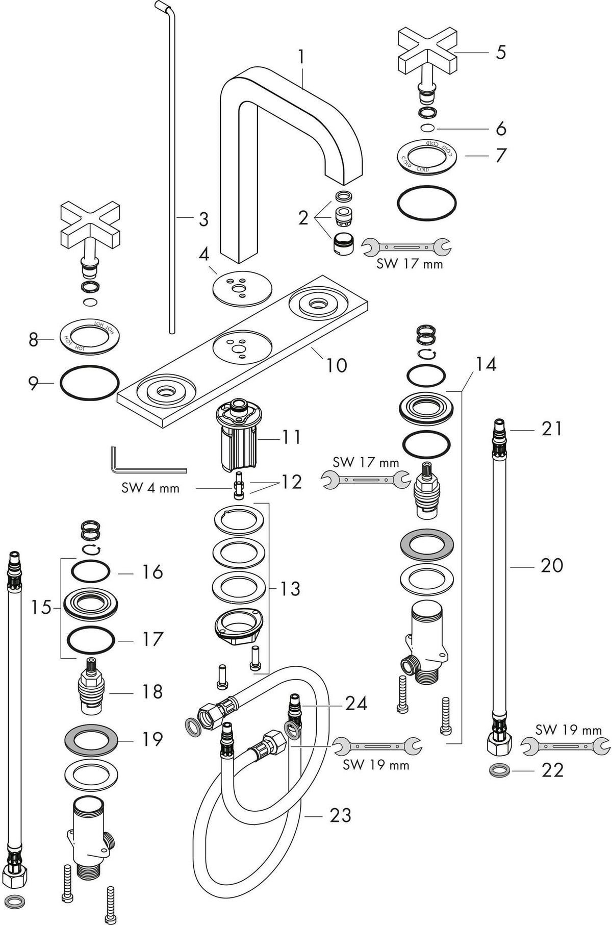 AXOR CITTERIO 3-Loch-Waschtischarmatur 170 DN 15 mit Kreuzgriffen und Platte, Chrom