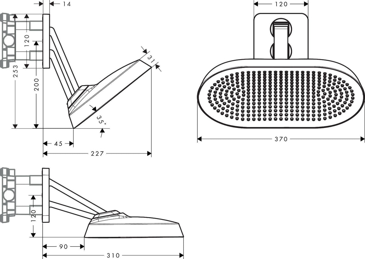 AXOR ShowerSphere 2jet Kopfbrause 370x220 mm mit beweglichem Brausearm – PowderRain & Rain Strahl