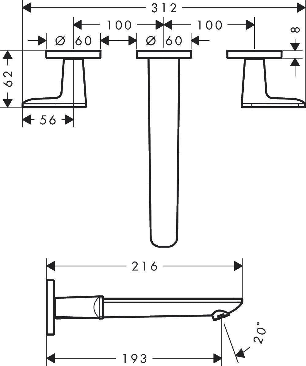 AXOR Citterio C 3-Loch-Waschtischarmatur Unterputz mit Auslauf 193 mm und Ablaufgarnitur in Chrom