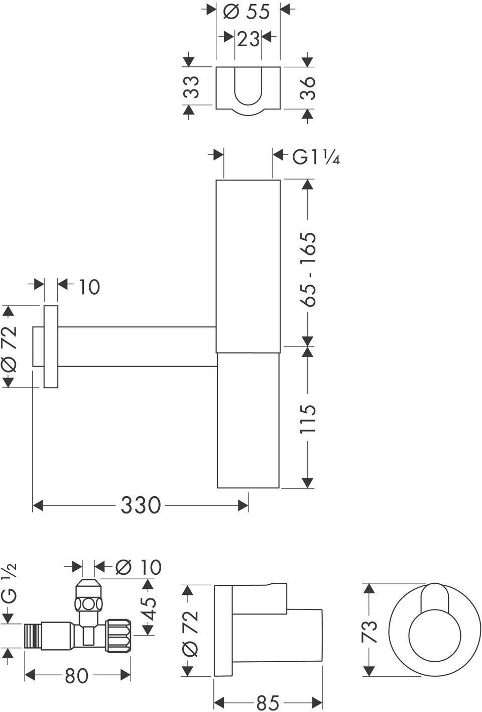 AXOR Designsiphon Set FLOWSTAR mit Eckventilen und Schubern, chrom – Flaschensiphon für Waschtische