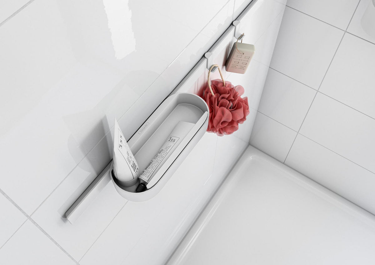 HANSGROHE Duschset WallStories mattschwarz – Wandstange mit Ablagekorb, Duschabzieher & Handtuchhaken