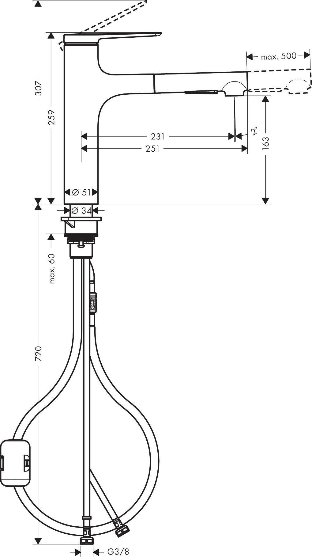 HANSGROHE Zesis M33 ComfortZone 160 Einhebel-Küchenmischer mit Ausziehbrause, 2 Strahlarten, Chrom