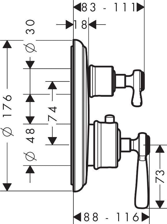 AXOR MONTREUX Thermostatbatterie Unterputz mit Ab-/Umstellventil und Hebelgriff Chrom