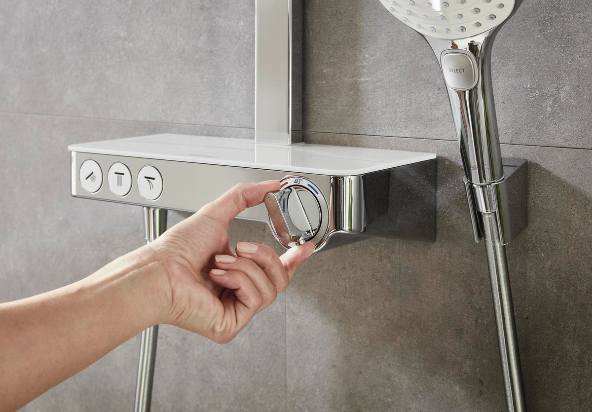 HANSGROHE Showerpipe RAINDANCE SELECT E 300 3jet ST DN 15 chrom – Duschsystem mit Thermostat ShowerTablet Select 300