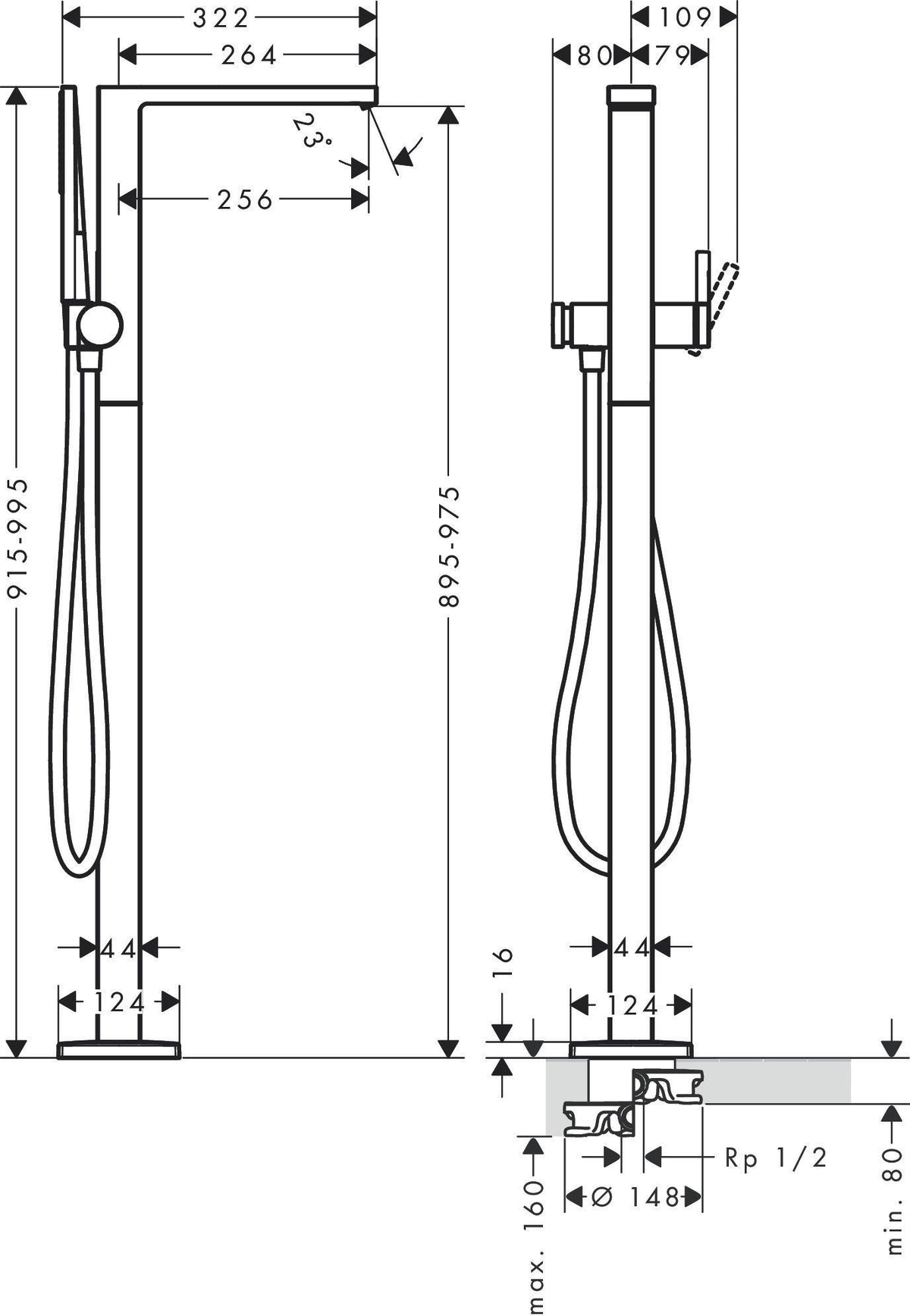 HANSGROHE Einhebel-Wannenmischer Tecturis E bodenstehend chrom mit Stabhandbrause