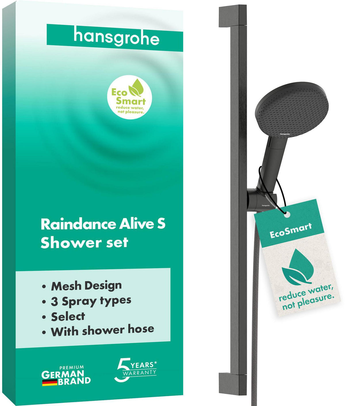 HANSGROHE Raindance Alive Select S 125 Brauseset mit 3 Strahlarten, EcoSmart, Unica 650 mm, Schwarz