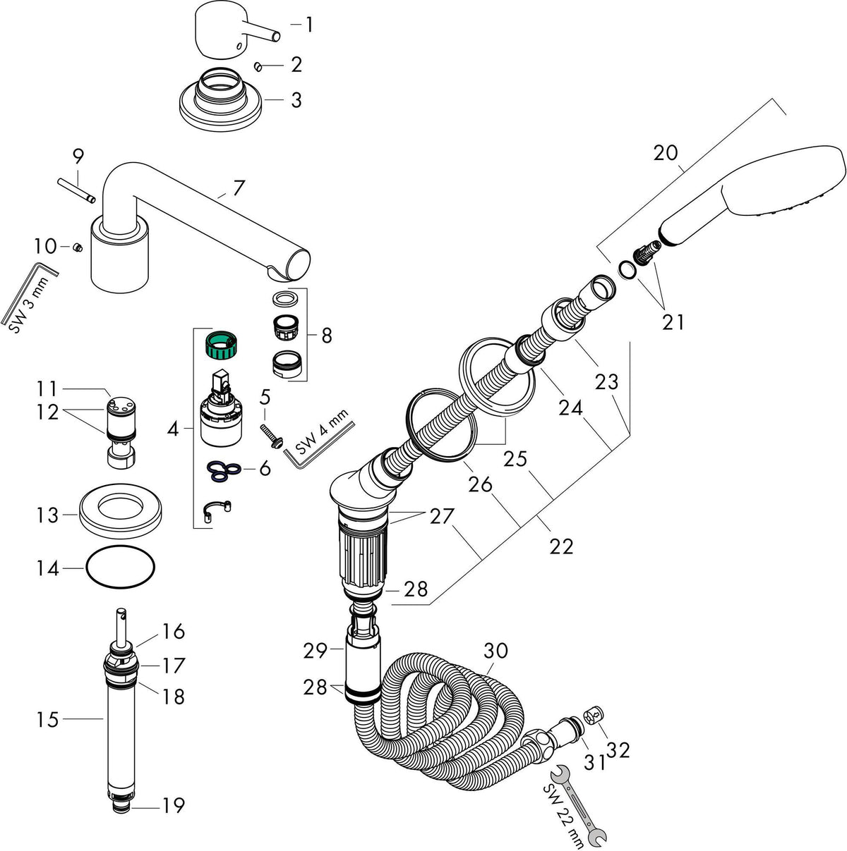 HANSGROHE Talis S 3-Loch Wannenrandarmatur chrom – Einhebelmischer mit Handbrause