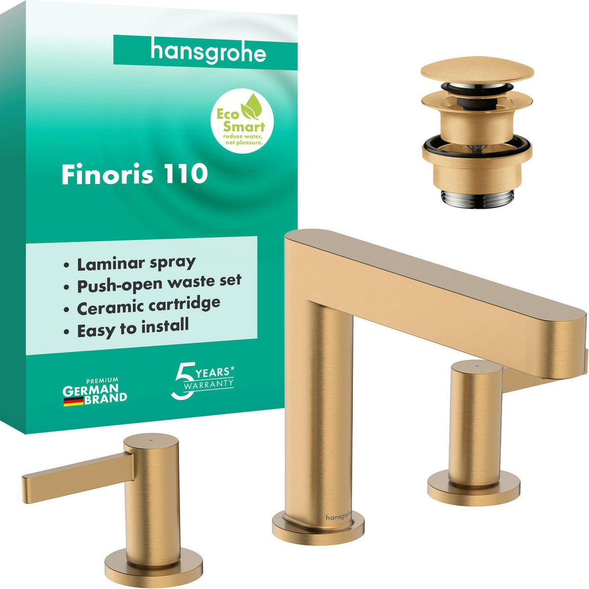 HANSGROHE Finoris 110 3-Loch-Waschtischarmatur mit Push-Open Ablaufgarnitur, Chrom