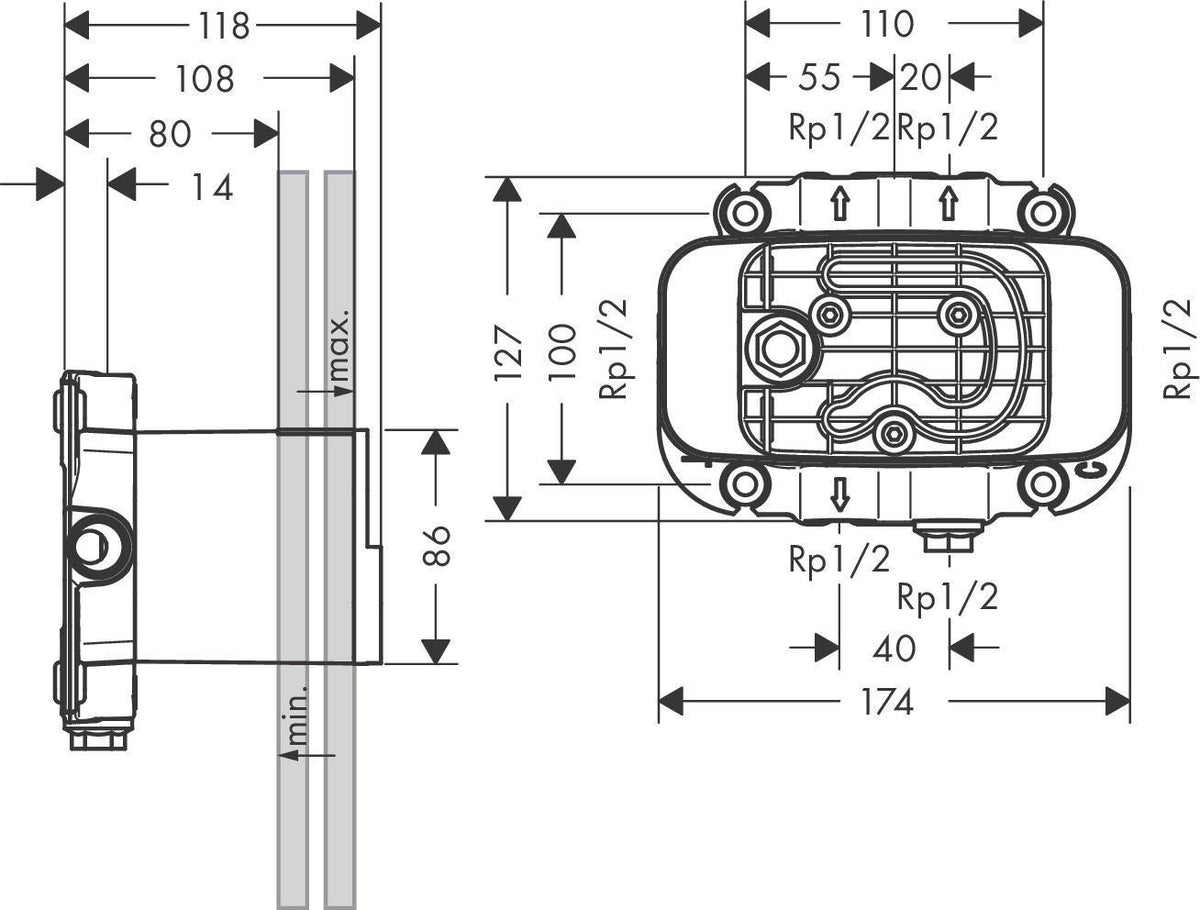 AXOR ONE Grundkörper für Thermostatmodul – Unterputz-Einbaukörper mit 2 Eingängen und 4 Ausgängen
