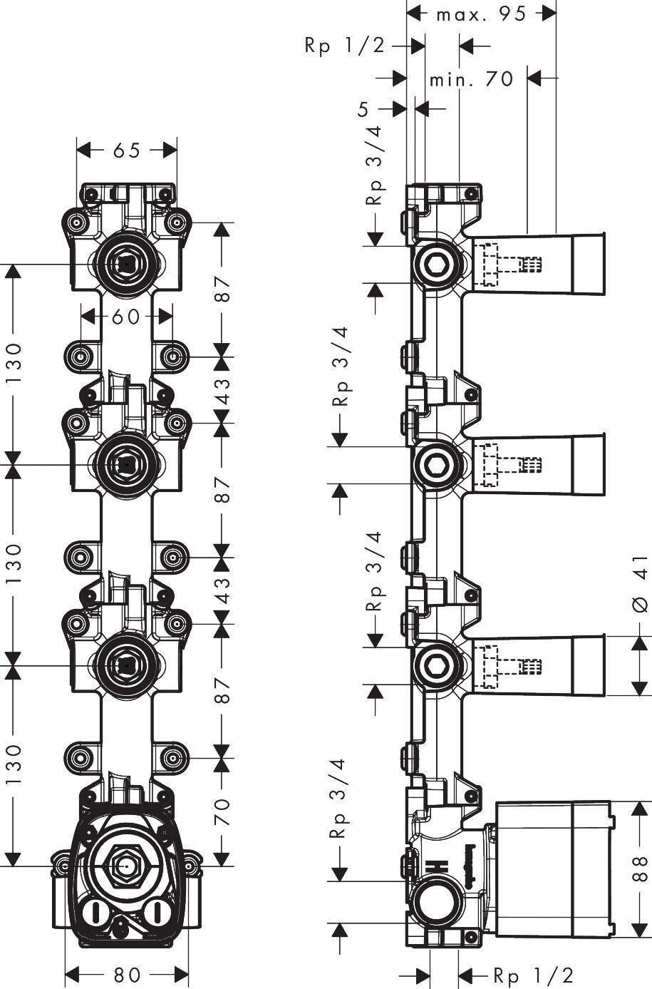 AXOR One Grundkörper für Thermostatmodul Unterputz – 3 Verbraucher, DN15, schallentkoppelt