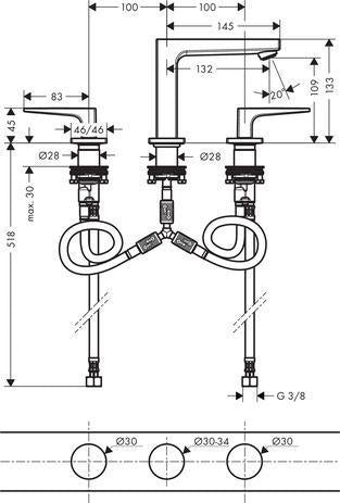 HANSGROHE Metropol 110 3-Loch-Waschtischarmatur Chrom mit Push-Open Ablaufgarnitur DN 15