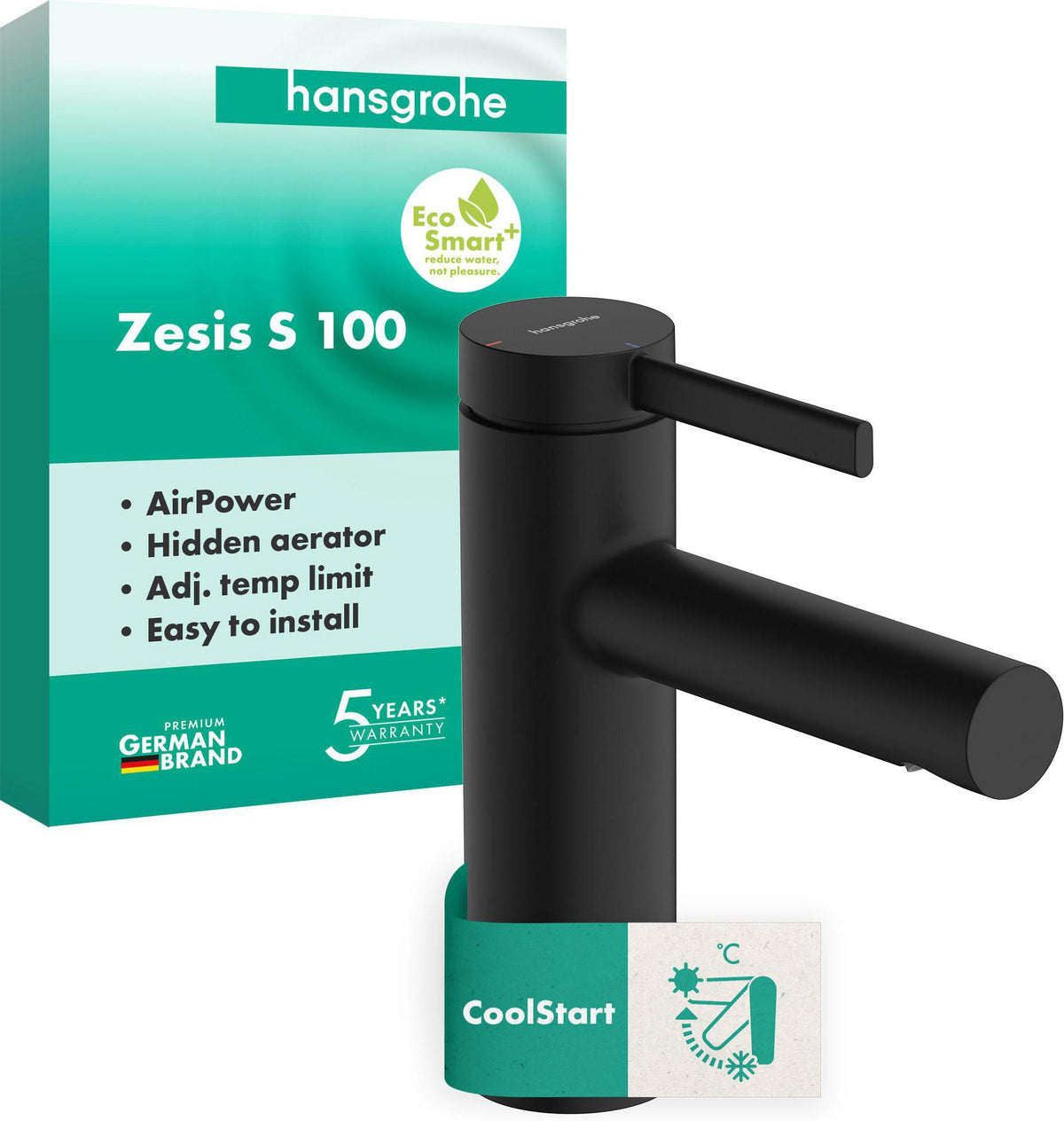 HANSGROHE Zesis S 100 Waschtisch-Einhebelmischer mit Zugstangen-Ablaufgarnitur mattschwarz – ComfortZone 100, CoolStart
