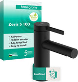 HANSGROHE Zesis S 100 Waschtisch-Einhebelmischer mit Zugstangen-Ablaufgarnitur mattschwarz – ComfortZone 100, CoolStart