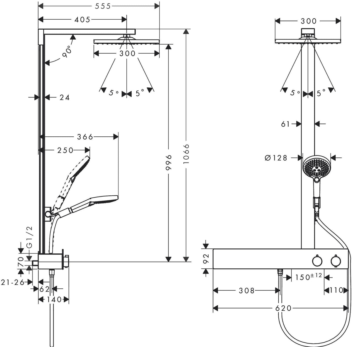 HANSGROHE Raindance E 300 Showerpipe Duschsystem mit Thermostat ShowerTablet 600, 300x300 mm, Chrom