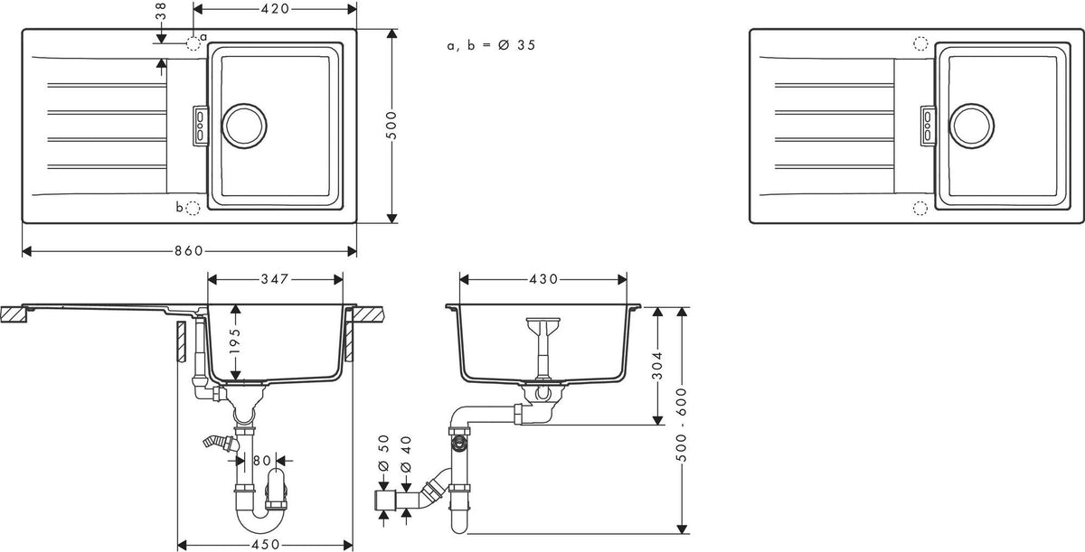 HANSGROHE Spüle S520-F345 graphitschwarz mit Abtropffläche und SilicaTec