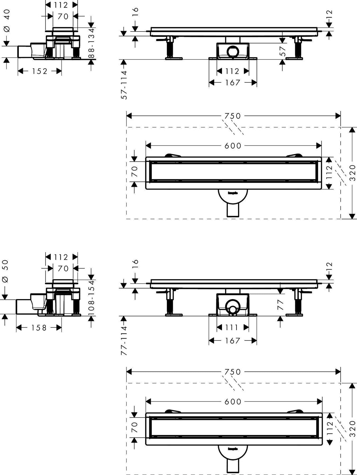 HANSGROHE RainDrain Go Duschrinne 600 mm Komplettset rückseitig befliesbar