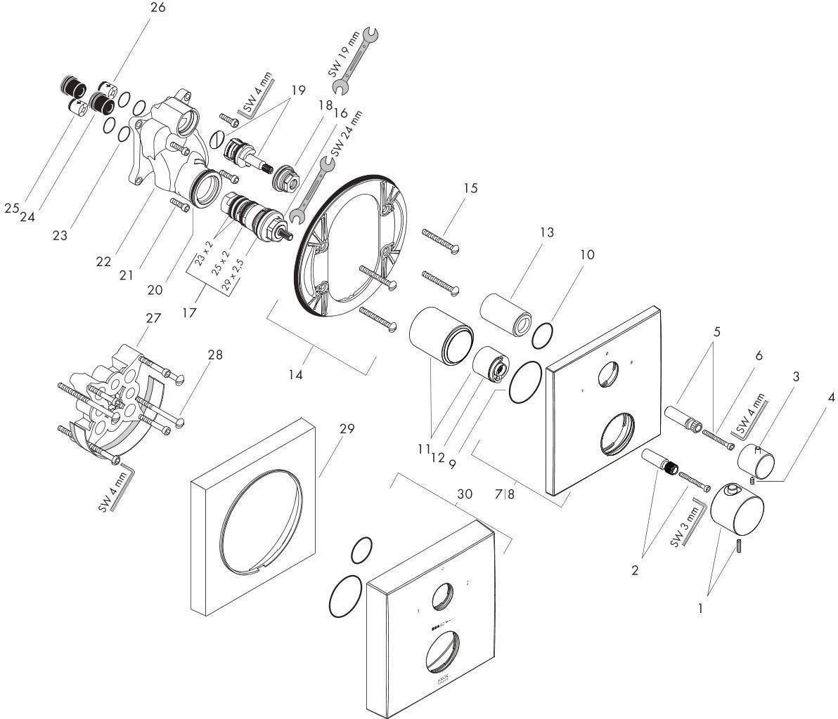 AXOR MASSAUD Unterputz-Thermostat mit Ab- und Umstellventil chrom – 2 Verbraucher, Sicherheitssperre 38 °C
