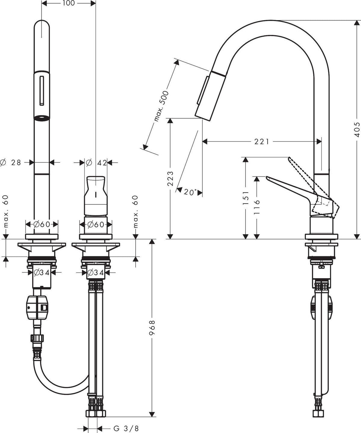 AXOR Citterio M 2-Loch Einhebel-Spültischmischer DN 15 mit Ausziehbrause Chrom