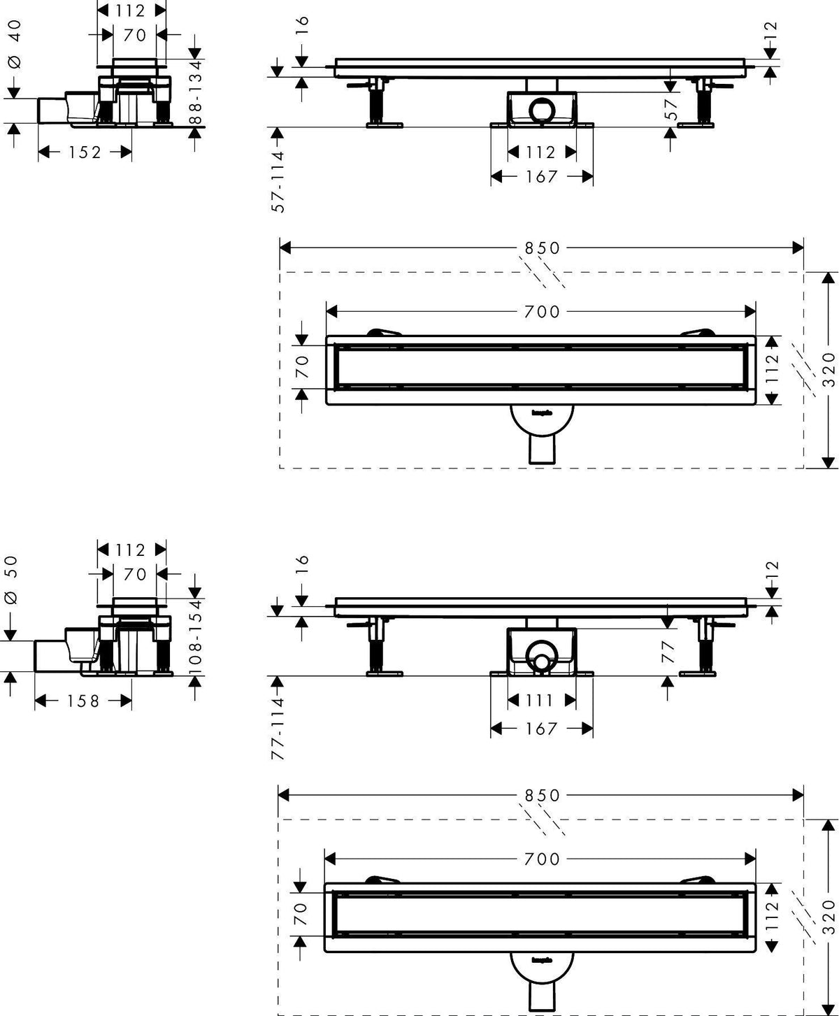 HANSGROHE RainDrain Go Duschrinne 700 mm Komplettset rückseitig befliesbar