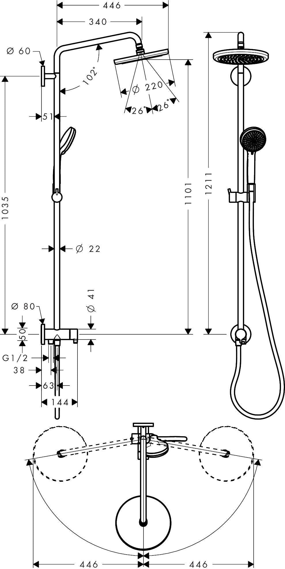 HANSGROHE Showerpipe Croma 220 AIR RENO DN 15 – Duschsystem mit 220 mm Kopfbrause in Chrom