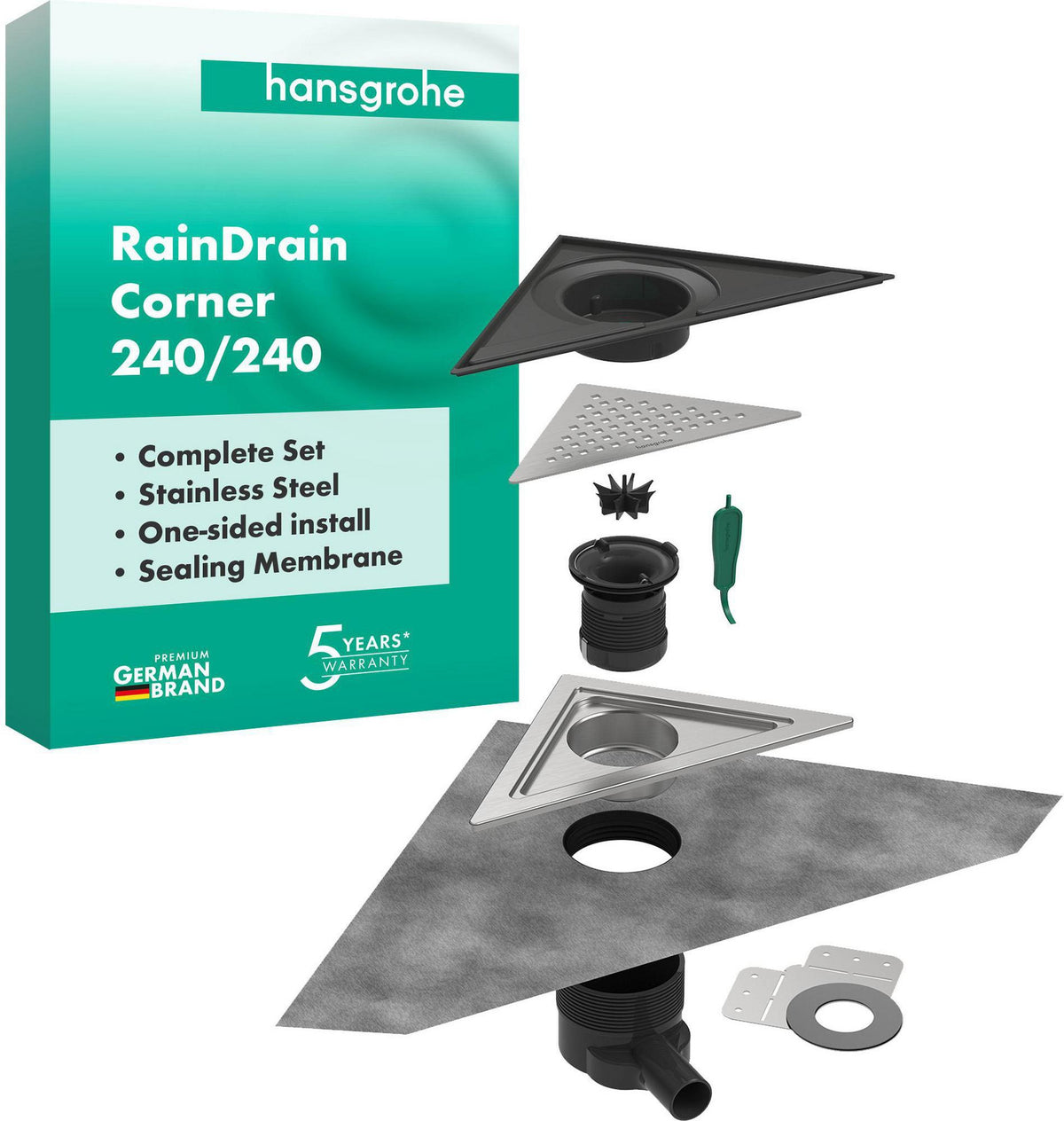 hansgrohe RainDrain Corner Komplettset Punktablauf 240/240, Edelstahl gebürstet – rahmenloses Design, DN40, höhenverstellbar