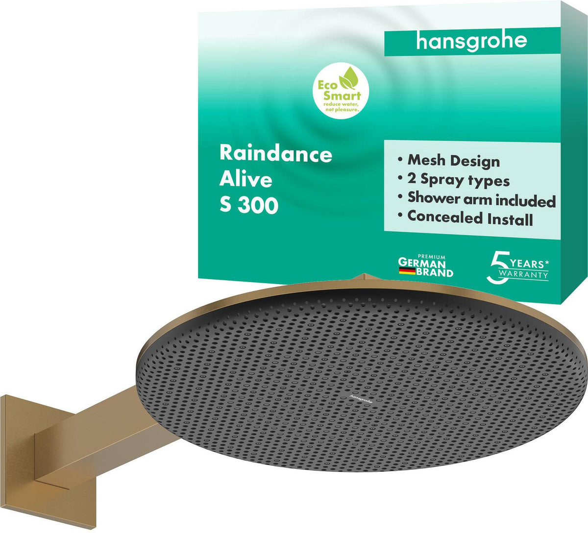 Hansgrohe Raindance Alive S 300 2jet EcoSmart Kopfbrause mit Brausearm – 300 mm, schwarz
